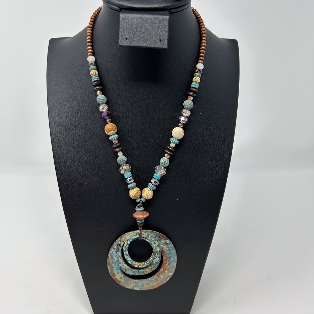 Bohemian Long Blue and Brown Beaded Necklace with Layered Copper Round Medallion